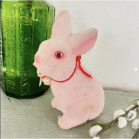 Vintage Flocked Fuzzy Easter Bunny Pink OR Blue Bank Glass Plastic Eye BOTH - Picture 7 of 10